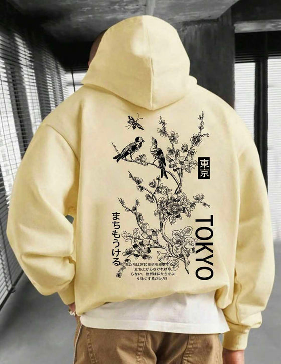 Men's Stylish Thermal Lined Floral & Bird Print Drawstring Hoodie