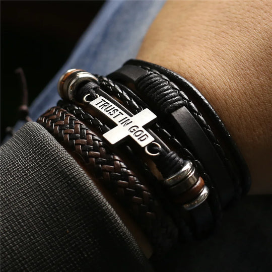 3 Pcs/Set TRUST IN GOD Cross Leather Bracelets MEN Bangles, For WOMEN Wood Beads Feather