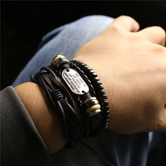 3 Pcs/Set TRUST IN GOD Cross Leather Bracelets MEN Bangles, For WOMEN Wood Beads Feather