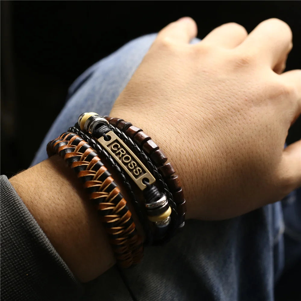 3 Pcs/Set TRUST IN GOD Cross Leather Bracelets MEN Bangles, For WOMEN Wood Beads Feather