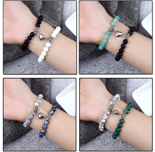 2Pcs/Set Beads Bracelet For Lovers Natural Stone Distance Heart Magnet Couple Bracelets Friendship Fashion Jewelry Gift