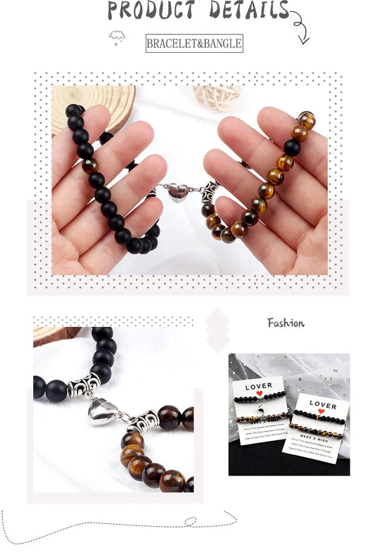 2Pcs/Set Beads Bracelet For Lovers Natural Stone Distance Heart Magnet Couple Bracelets Friendship Fashion Jewelry Gift