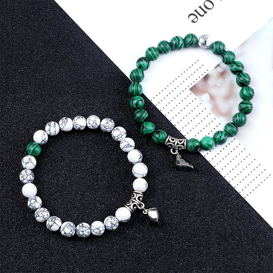 2Pcs/Set Beads Bracelet For Lovers Natural Stone Distance Heart Magnet Couple Bracelets Friendship Fashion Jewelry Gift