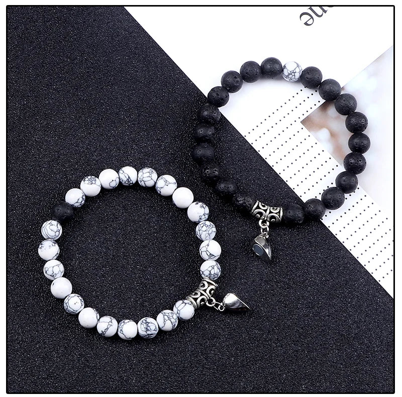 2Pcs/Set Beads Bracelet For Lovers Natural Stone Distance Heart Magnet Couple Bracelets Friendship Fashion Jewelry Gift