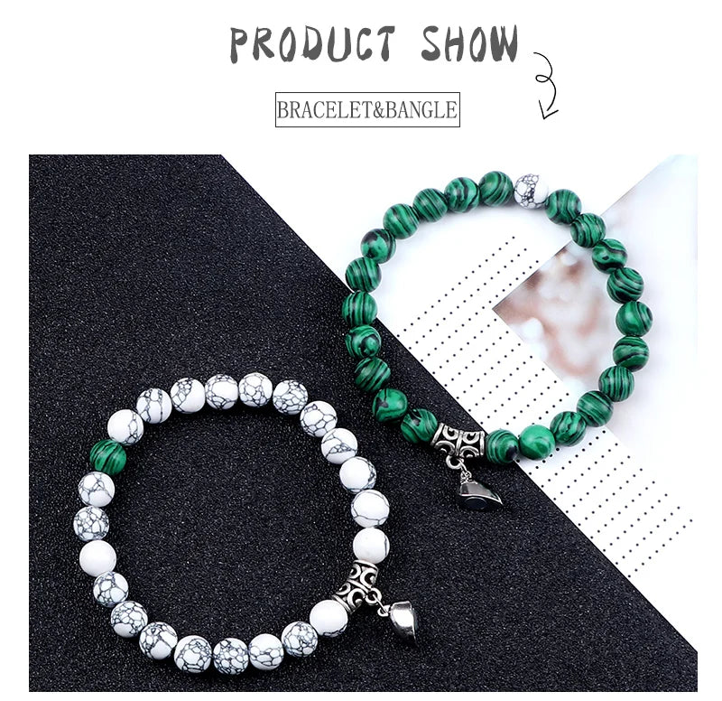 2Pcs/Set Beads Bracelet For Lovers Natural Stone Distance Heart Magnet Couple Bracelets Friendship Fashion Jewelry Gift