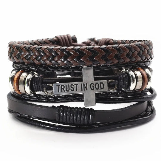 3 Pcs/Set TRUST IN GOD Cross Leather Bracelets MEN Bangles, For WOMEN Wood Beads Feather