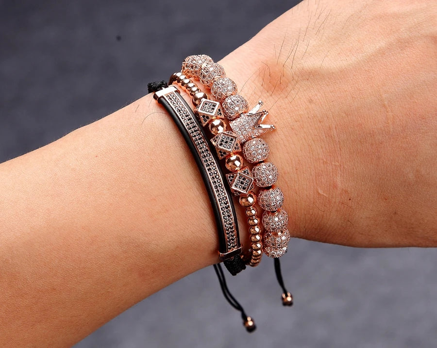 3pcs/Set Punk CZ Micro Pave Crown Bead Bracelet For Men Women