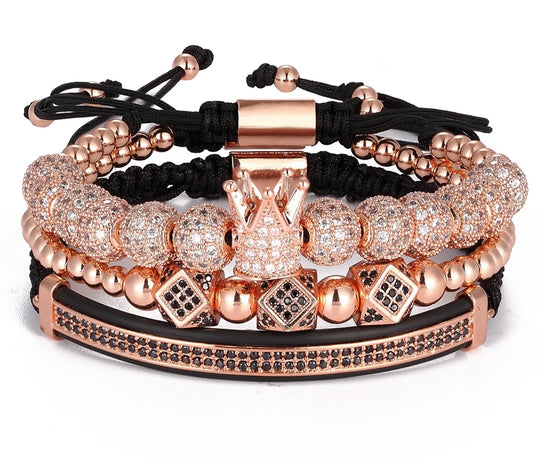 3pcs/Set Punk CZ Micro Pave Crown Bead Bracelet For Men Women