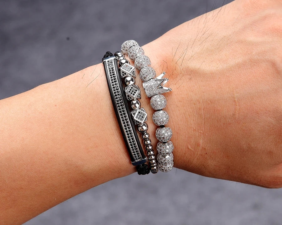 3pcs/Set Punk CZ Micro Pave Crown Bead Bracelet For Men Women