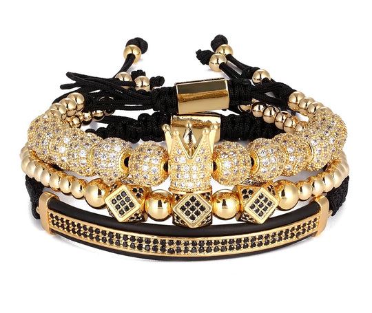 3pcs/Set Punk CZ Micro Pave Crown Bead Bracelet For Men Women