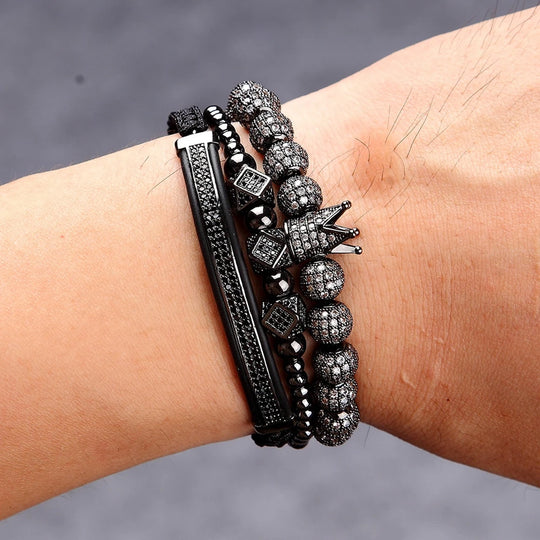 3pcs/Set Punk CZ Micro Pave Crown Bead Bracelet For Men Women