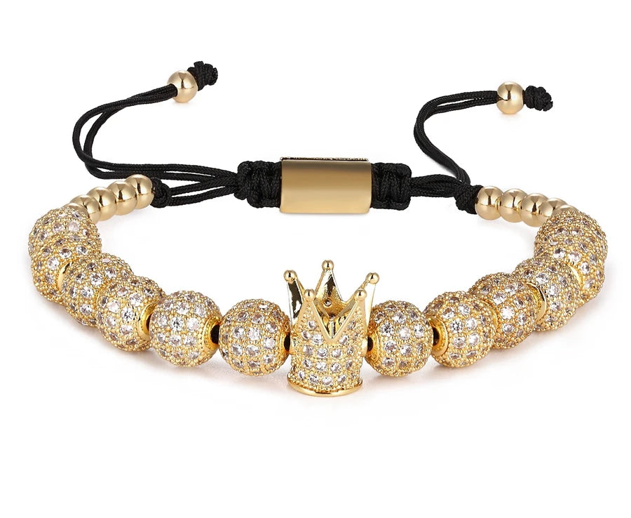 3pcs/Set Punk CZ Micro Pave Crown Bead Bracelet For Men Women