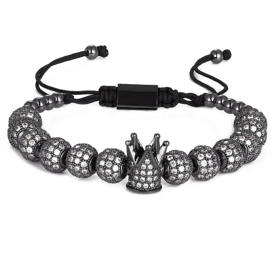 3pcs/Set Punk CZ Micro Pave Crown Bead Bracelet For Men Women