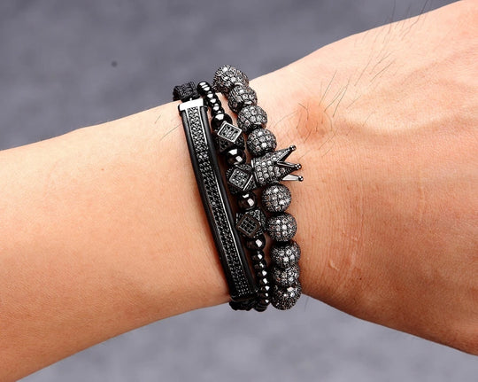 3pcs/Set Punk CZ Micro Pave Crown Bead Bracelet For Men Women