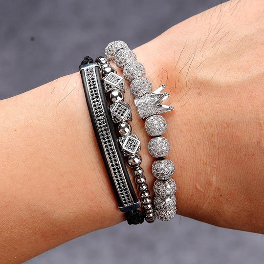 3pcs/Set Punk CZ Micro Pave Crown Bead Bracelet For Men Women