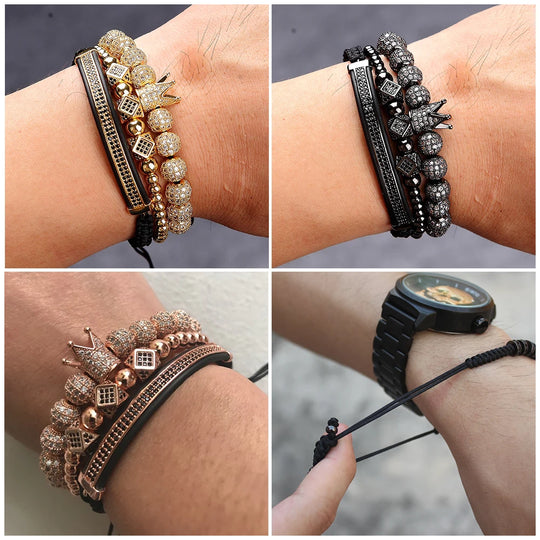 3pcs/Set Punk CZ Micro Pave Crown Bead Bracelet For Men Women