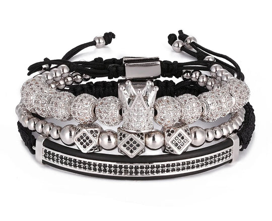 3pcs/Set Punk CZ Micro Pave Crown Bead Bracelet For Men Women