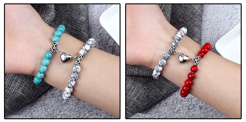 2Pcs/Set Beads Bracelet For Lovers Natural Stone Distance Heart Magnet Couple Bracelets Friendship Fashion Jewelry Gift