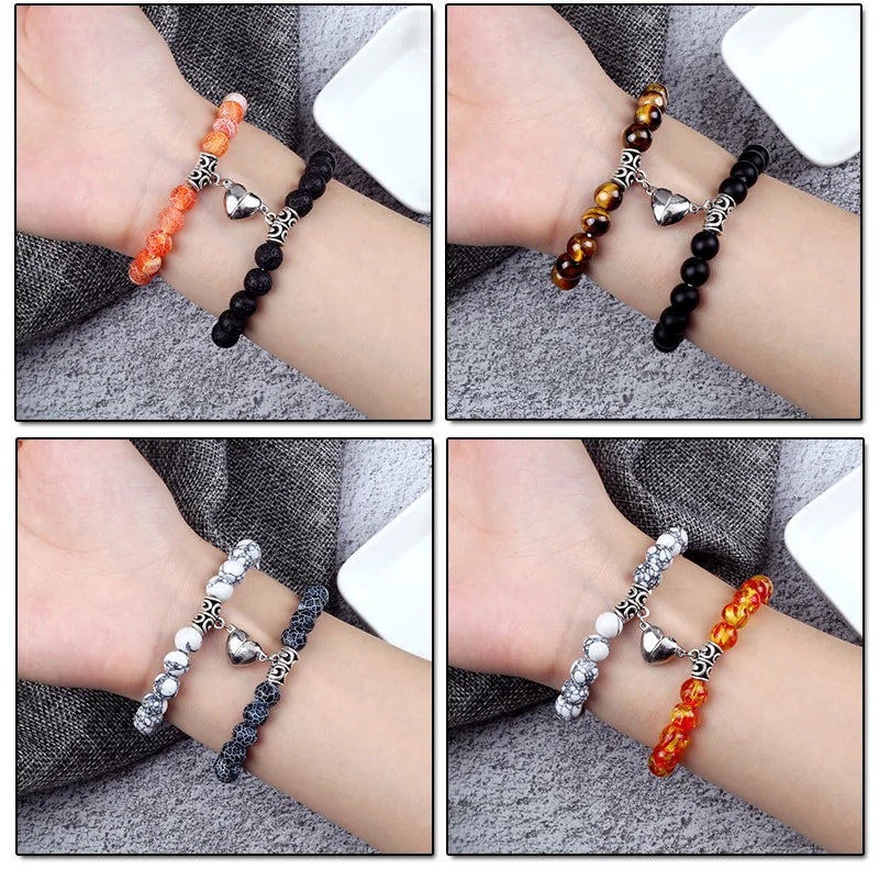 2Pcs/Set Beads Bracelet For Lovers Natural Stone Distance Heart Magnet Couple Bracelets Friendship Fashion Jewelry Gift