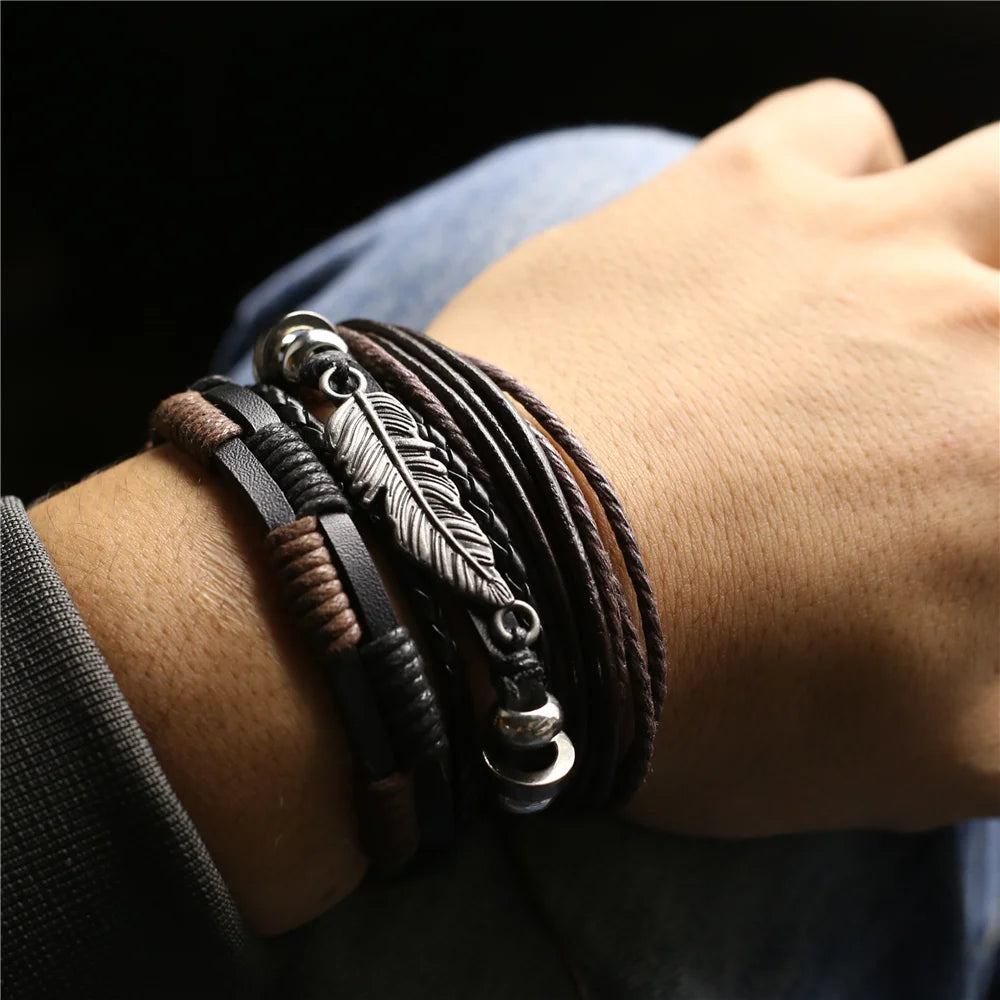 3 Pcs/Set TRUST IN GOD Cross Leather Bracelets MEN Bangles, For WOMEN Wood Beads Feather