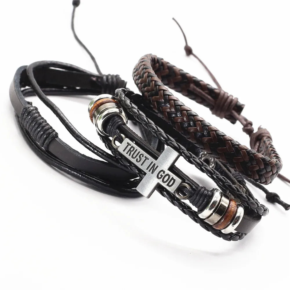 3 Pcs/Set TRUST IN GOD Cross Leather Bracelets MEN Bangles, For WOMEN Wood Beads Feather