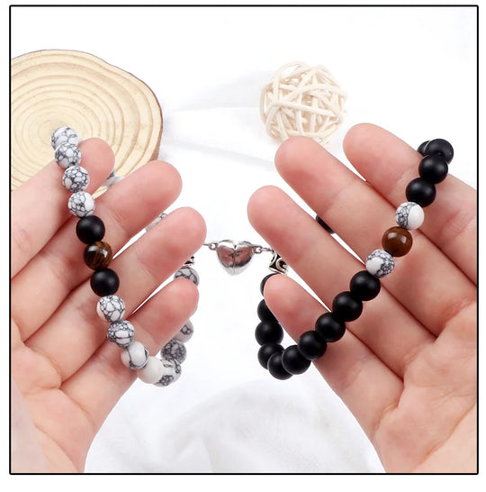 2Pcs/Set Beads Bracelet For Lovers Natural Stone Distance Heart Magnet Couple Bracelets Friendship Fashion Jewelry Gift