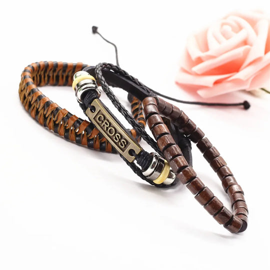 3 Pcs/Set TRUST IN GOD Cross Leather Bracelets MEN Bangles, For WOMEN Wood Beads Feather