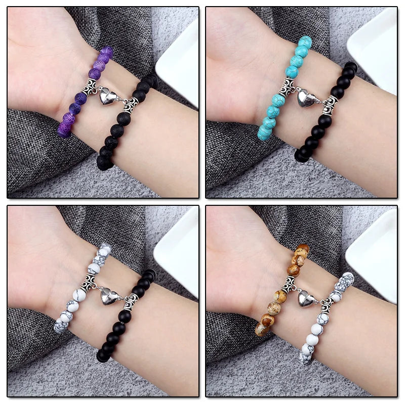 2Pcs/Set Beads Bracelet For Lovers Natural Stone Distance Heart Magnet Couple Bracelets Friendship Fashion Jewelry Gift