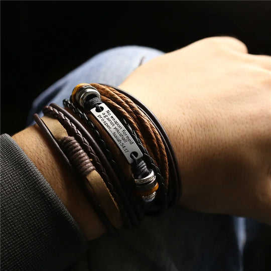 3 Pcs/Set TRUST IN GOD Cross Leather Bracelets MEN Bangles, For WOMEN Wood Beads Feather