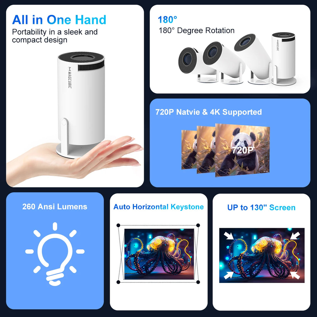 Proyector portátil 4K UHD, proyector giratorio de 180° con WIFI6 y Bluetooth 5.0 con 260 ANSI, cine en casa, exteriores, presentaciones