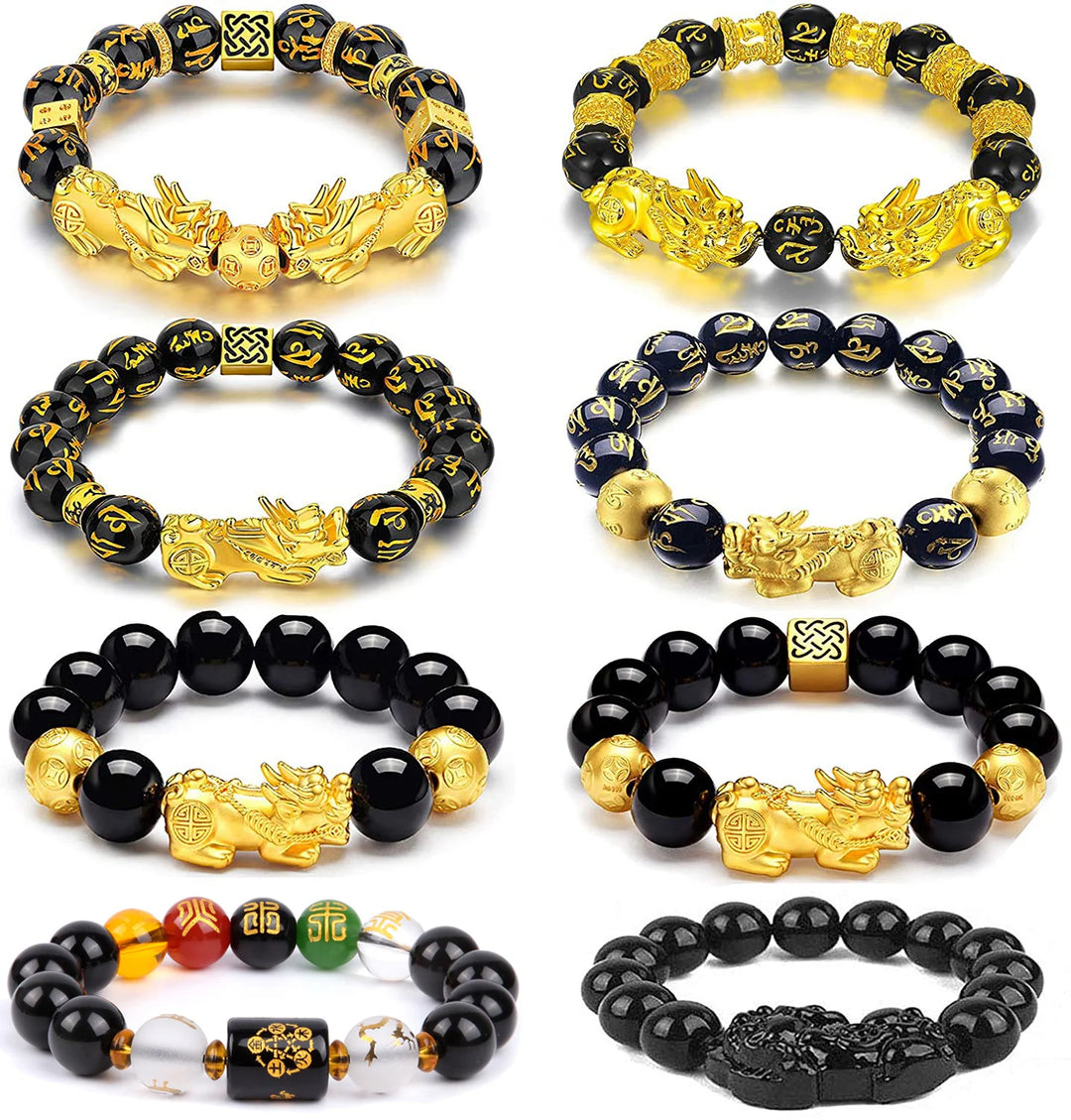 Feng Shui Obsidian Stone Beads Bracelet Men Women Unisex Wristband Gold Black Pixiu Wealth and Good Luck Color Changing Bracelet