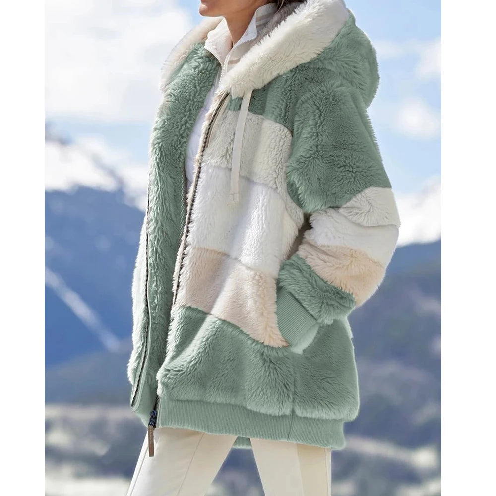 Hooded Zipper Jacket Spliced Thick Cashmere Women Jacket Stitching Plaid Ladies Coats