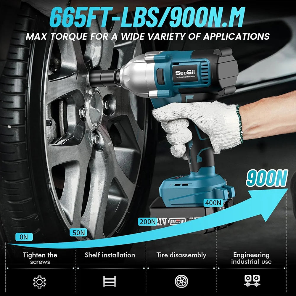 Llave de impacto eléctrica inalámbrica SEESII de 1/2'', 900 N.m, sin escobillas, 3300 RPM, pistola de alto torque con 2 baterías de 4,0 Ah para batería Makita de 18 V 