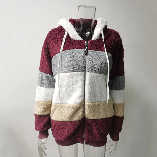 Hooded Zipper Jacket Spliced Thick Cashmere Women Jacket Stitching Plaid Ladies Coats