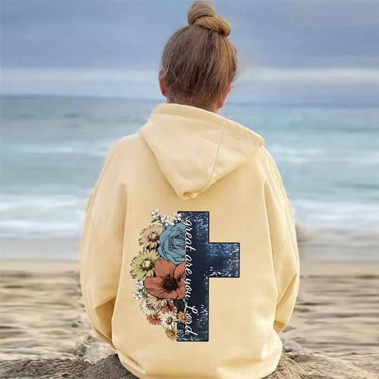 Jesus Cross Sweatshirt Wild Flower Butterfly Pattern Hoodie