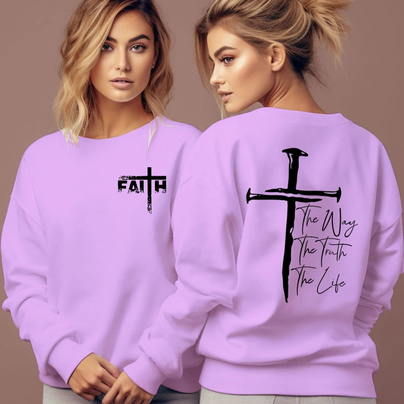 The Way The Truth The Life Print Sweatshirt Women Jesus Cross O-Neck Hoodless Pullover Religion Faith Christianity Female Hoodie