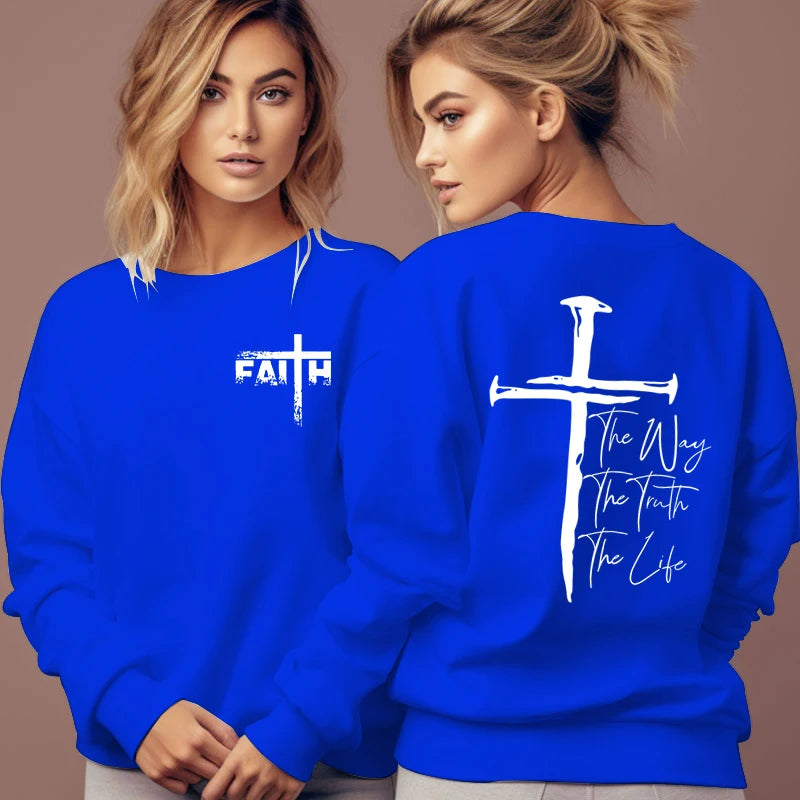 The Way The Truth The Life Print Sweatshirt Women Jesus Cross O-Neck Hoodless Pullover Religion Faith Christianity Female Hoodie