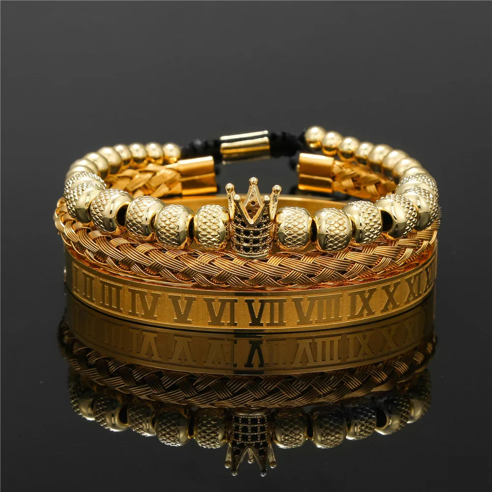 3pcs/Set Luxury Royal CZ King Crown Men Bracelets Roman Numeral Braided Adjustable