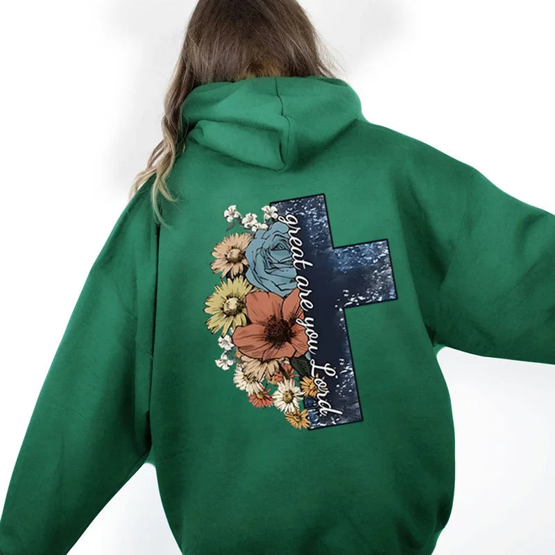 Jesus Cross Sweatshirt Wild Flower Butterfly Pattern Hoodie