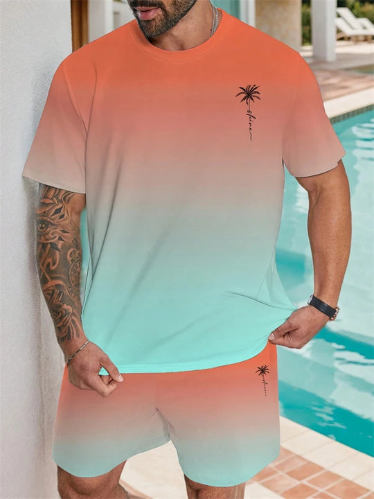 Men’s Gradient Print Summer Shorts Set – Casual Vacation Style 2-Piece Outfit with T-Shirt & Shorts