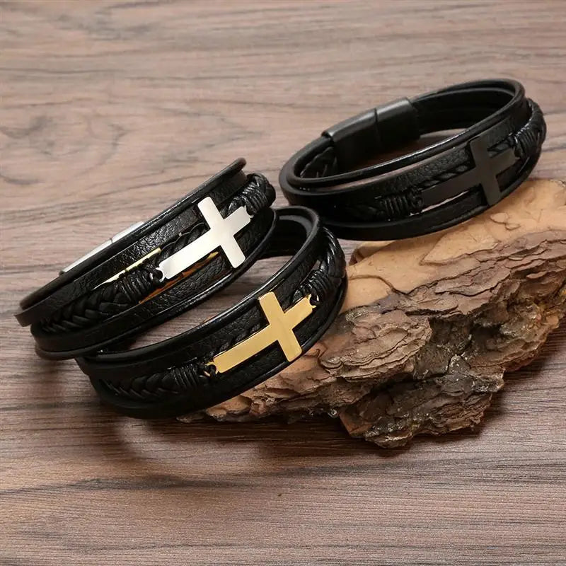 High Quality Cross Stainless Steel Leather Bracelet Charm Magnetic Men Bracelet Genuine Braided Punk Rock Bangles Jewelry Gift