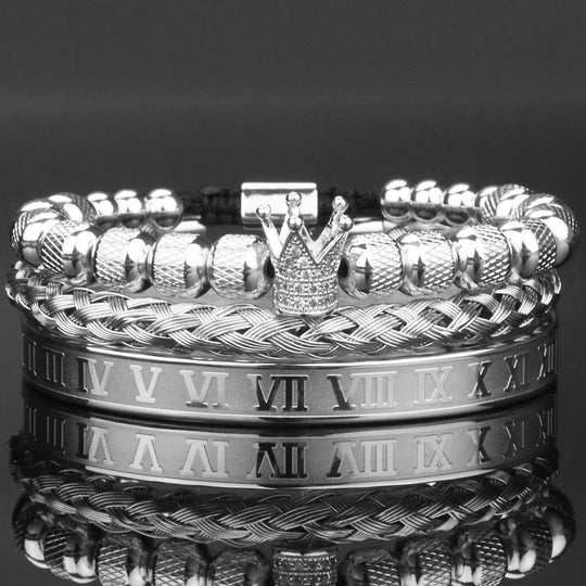 3pcs/Set Luxury Royal CZ King Crown Men Bracelets Roman Numeral Braided Adjustable