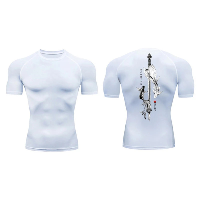 Yin Yang Sword Print Compression Shirt for Men – Quick Dry, Athletic Gym & Running T-Shirt
