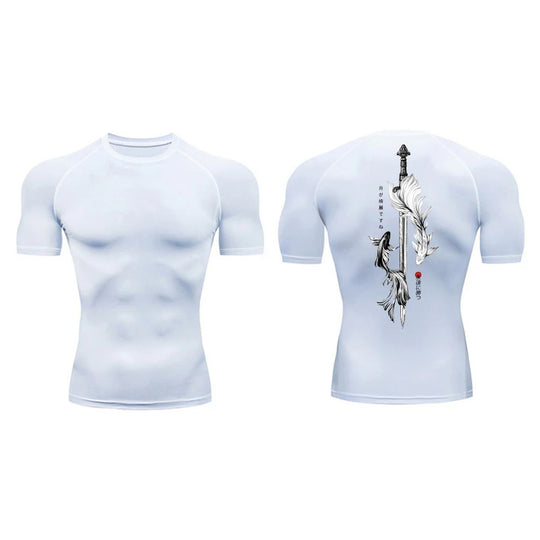 Yin Yang Sword Print Compression Shirt for Men – Quick Dry, Athletic Gym & Running T-Shirt