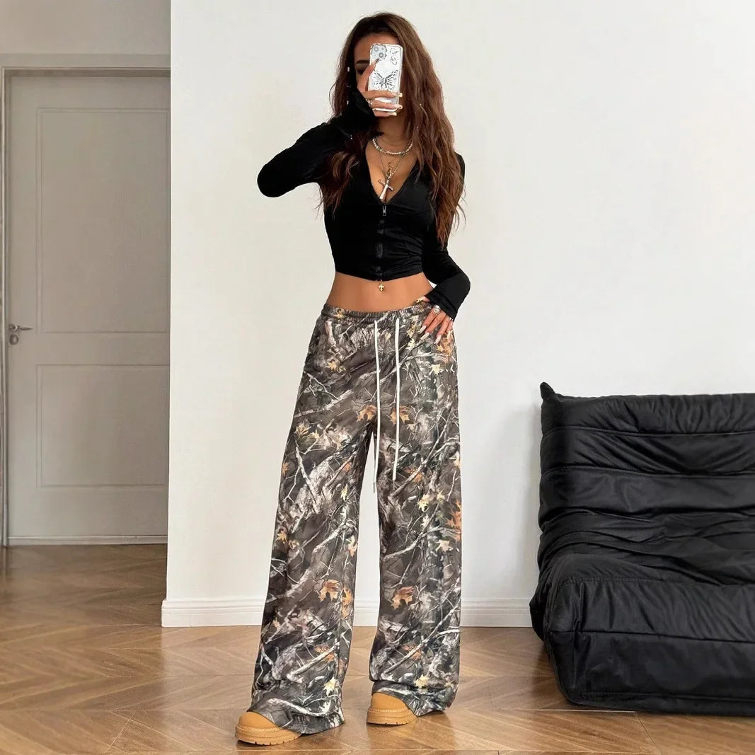 New Fashion Casual Camouflage Print Elastic Waist Wide Leg Pants for Teenagers Long Draping Trousers Slimming Effect