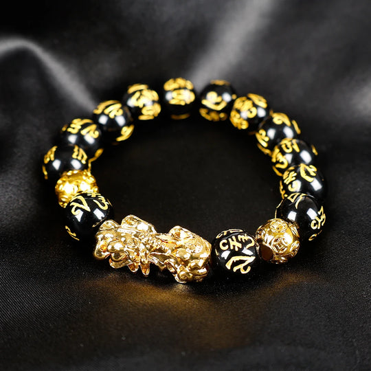 Feng Shui Obsidian Stone Beads Bracelet Men Women Unisex Wristband Gold Black Pixiu Wealth and Good Luck Color Changing Bracelet