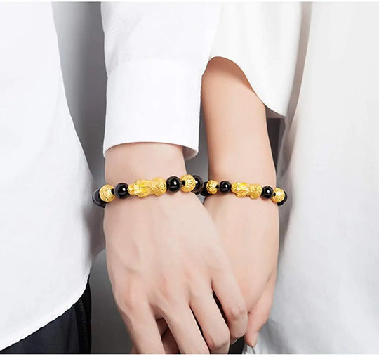 Feng Shui Obsidian Stone Beads Bracelet Men Women Unisex Wristband Gold Black Pixiu Wealth and Good Luck Color Changing Bracelet