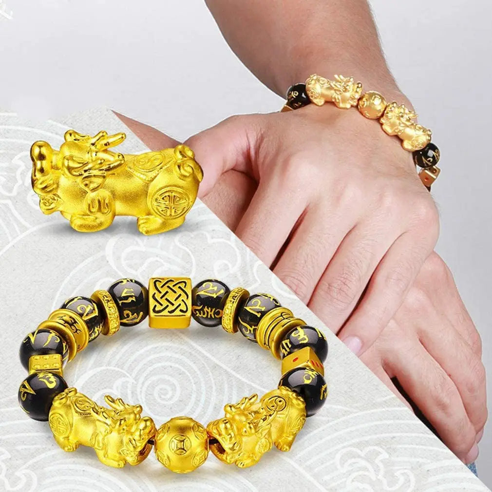 Feng Shui Obsidian Stone Beads Bracelet Men Women Unisex Wristband Gold Black Pixiu Wealth and Good Luck Color Changing Bracelet