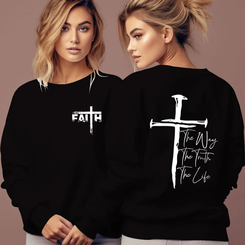 The Way The Truth The Life Print Sweatshirt Women Jesus Cross O-Neck Hoodless Pullover Religion Faith Christianity Female Hoodie