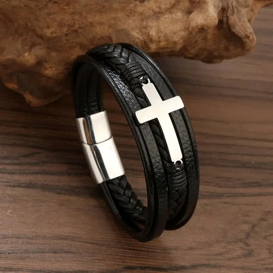 High Quality Cross Stainless Steel Leather Bracelet Charm Magnetic Men Bracelet Genuine Braided Punk Rock Bangles Jewelry Gift